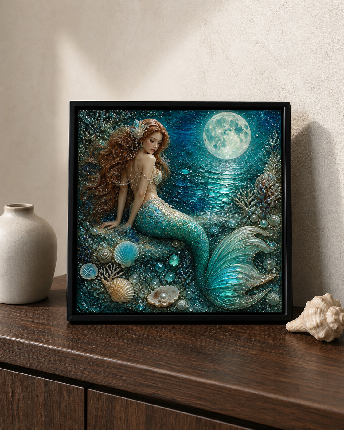 Moonlit Mermaid framed relief art — lifestyle view