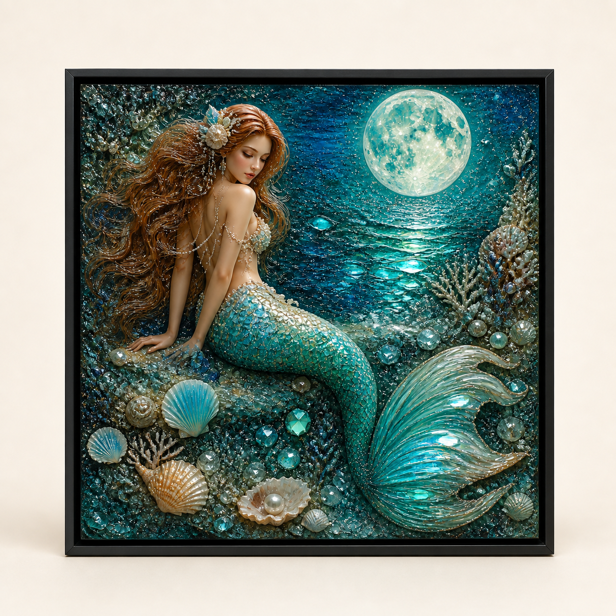 Moonlit Mermaid framed relief art — front view