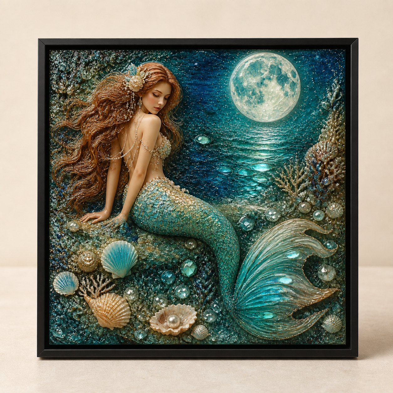 Moonlit Mermaid framed relief art — relief lighting view