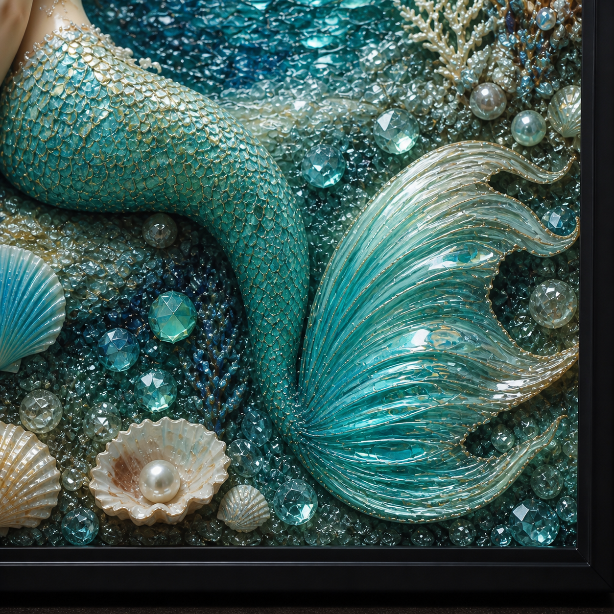 Moonlit Mermaid framed relief art — relief detail