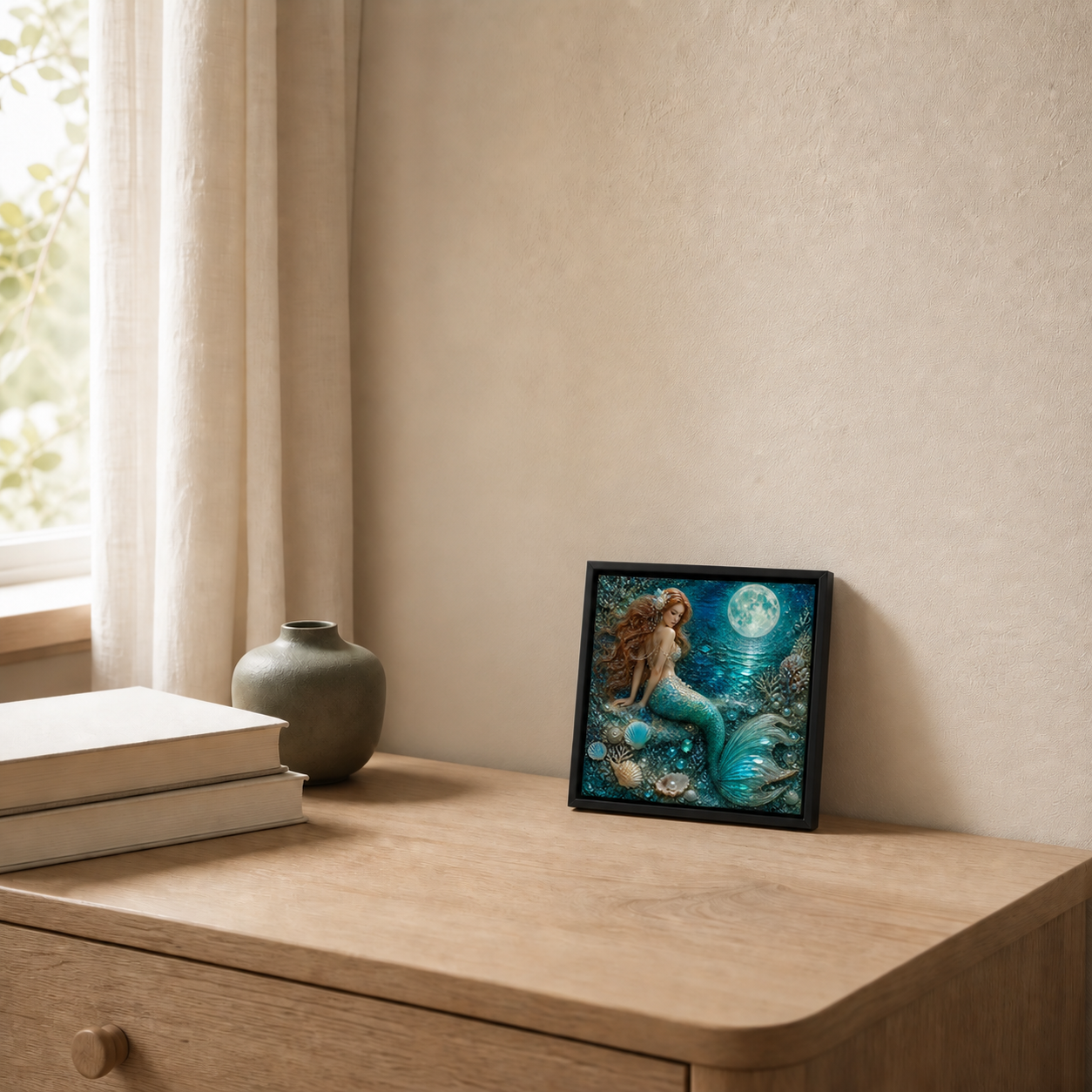 Moonlit Mermaid framed relief art — room setting