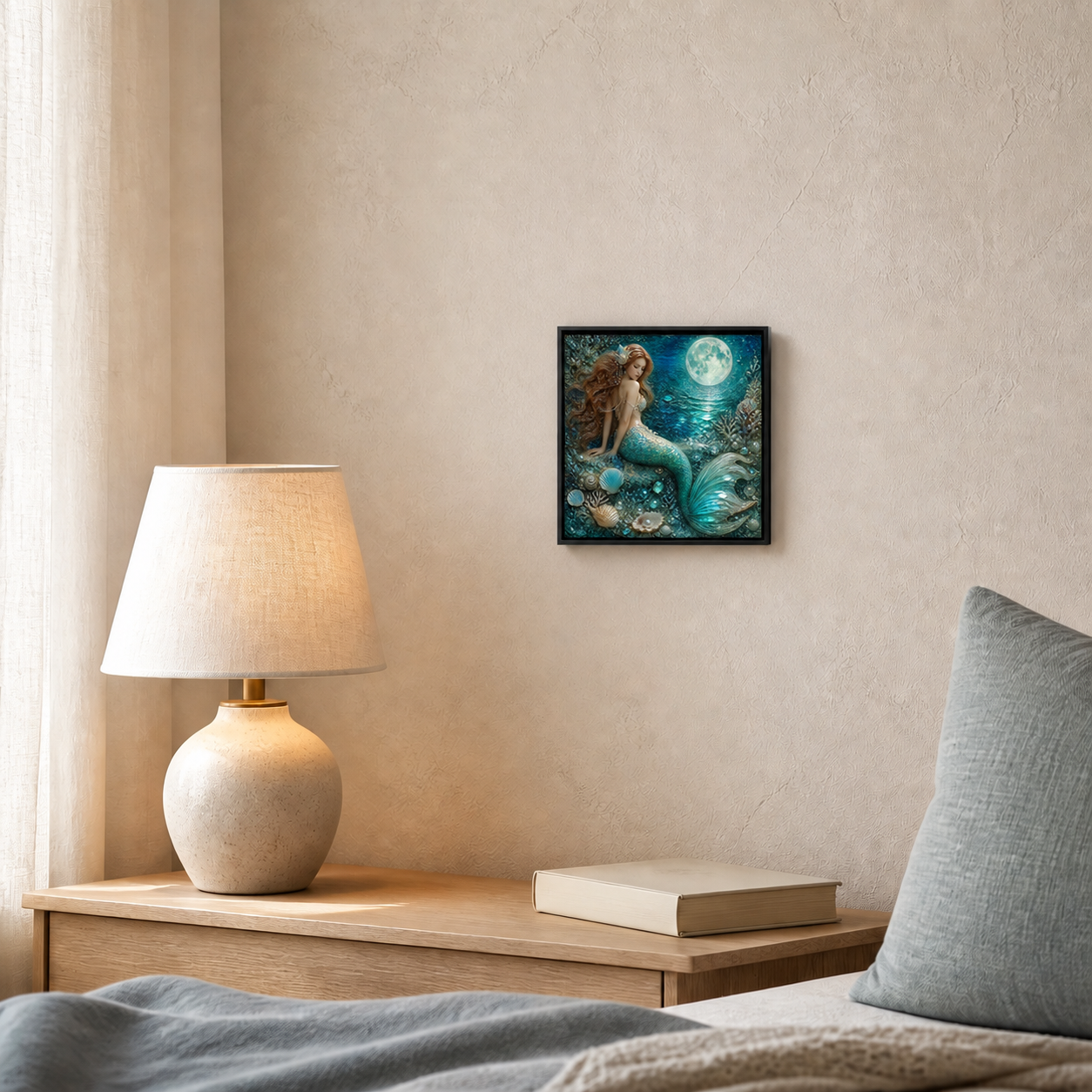 Moonlit Mermaid framed relief art — alternate room setting