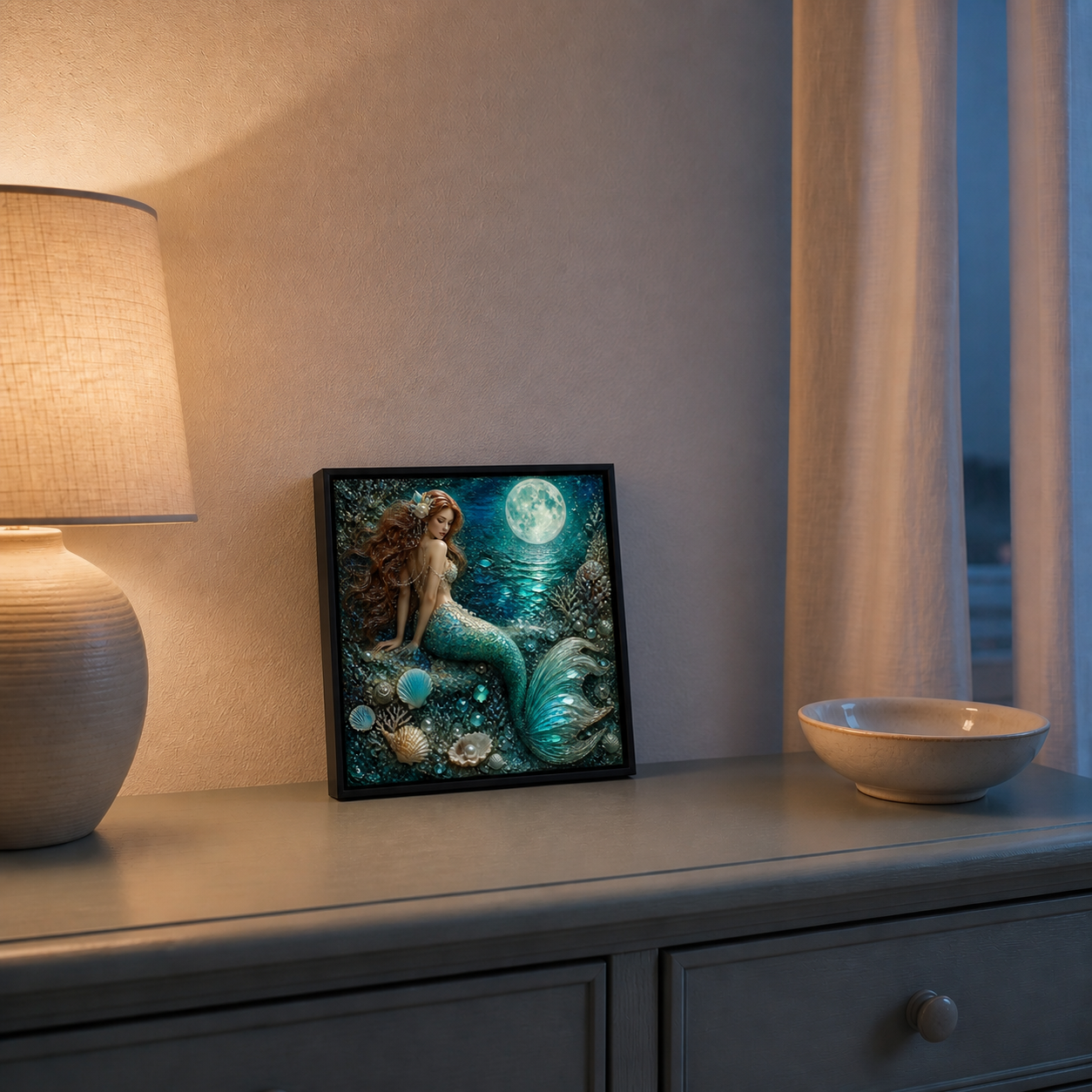 Moonlit Mermaid framed relief art — styled interior