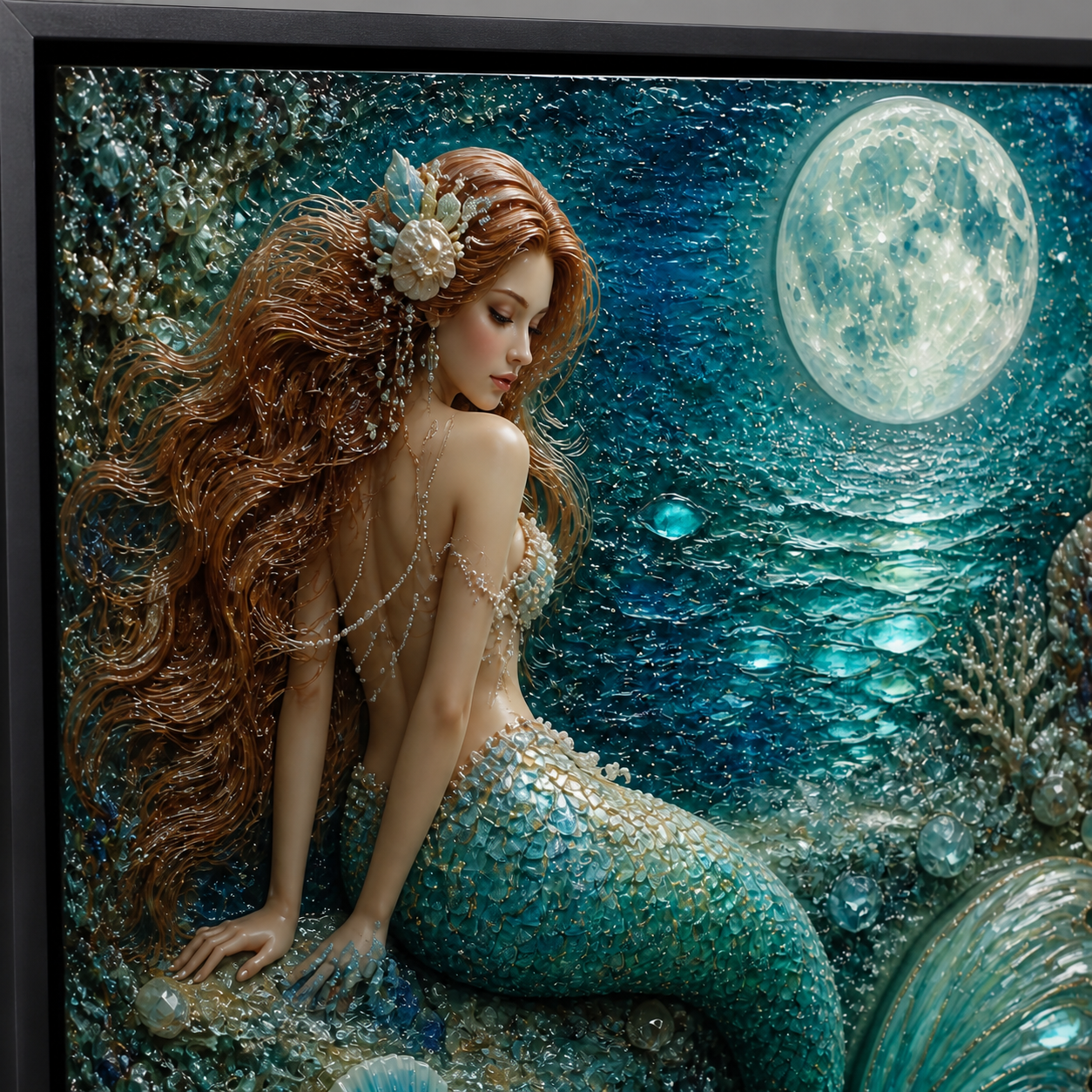 Moonlit Mermaid framed relief art — close-up detail