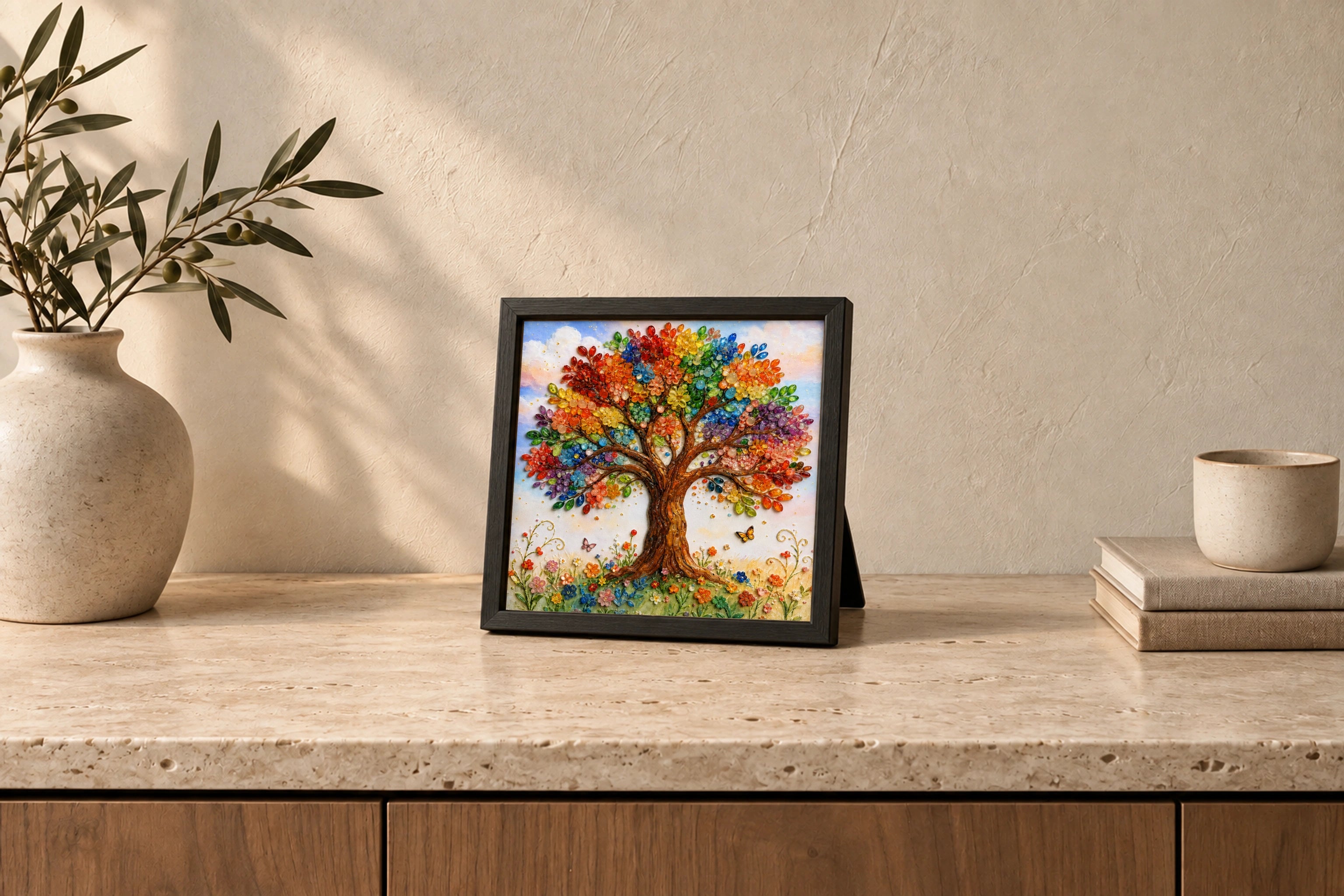 Tree of Life shown to approximate scale in a warm minimalist room