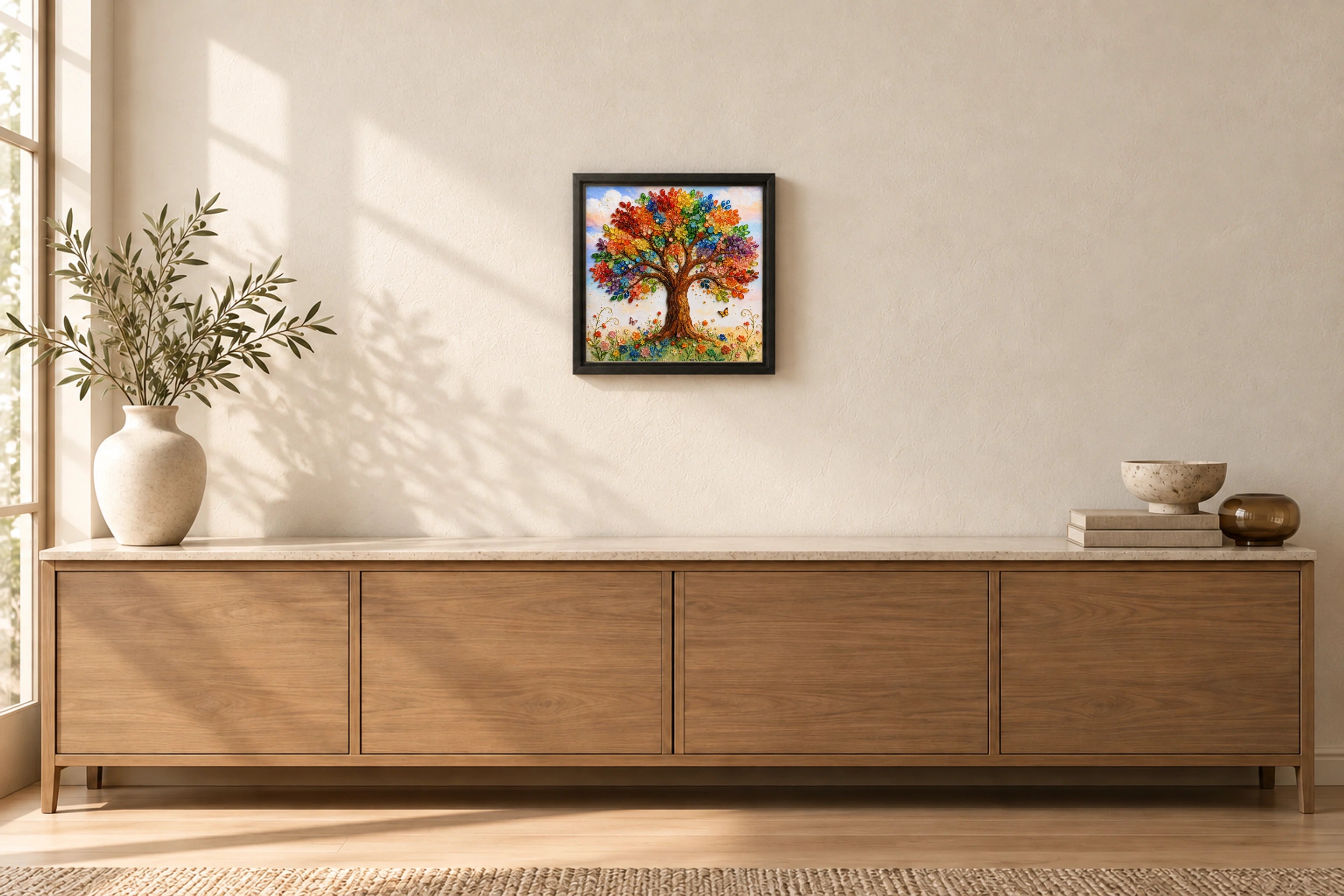 Tree of Life shown to approximate scale in a warm minimalist room