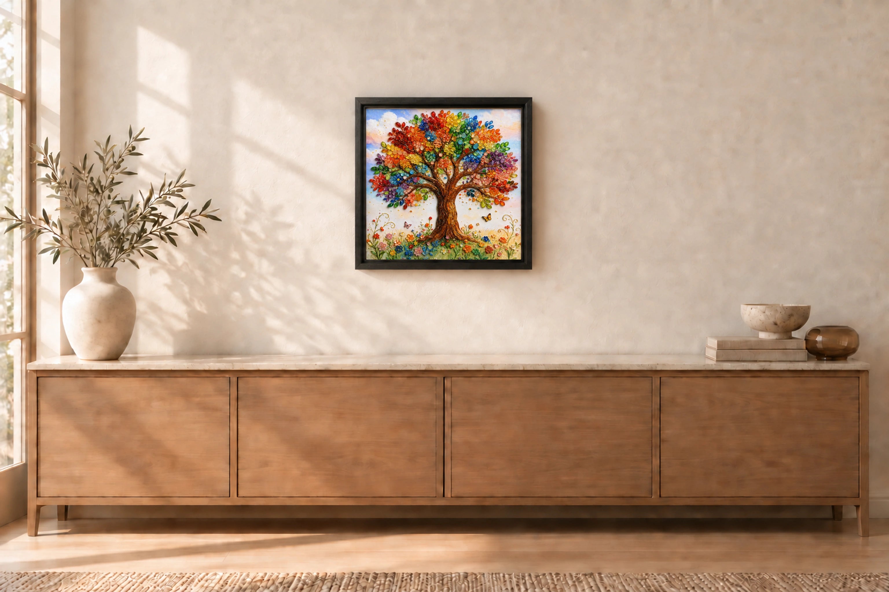 Tree of Life shown to approximate scale in a warm minimalist room