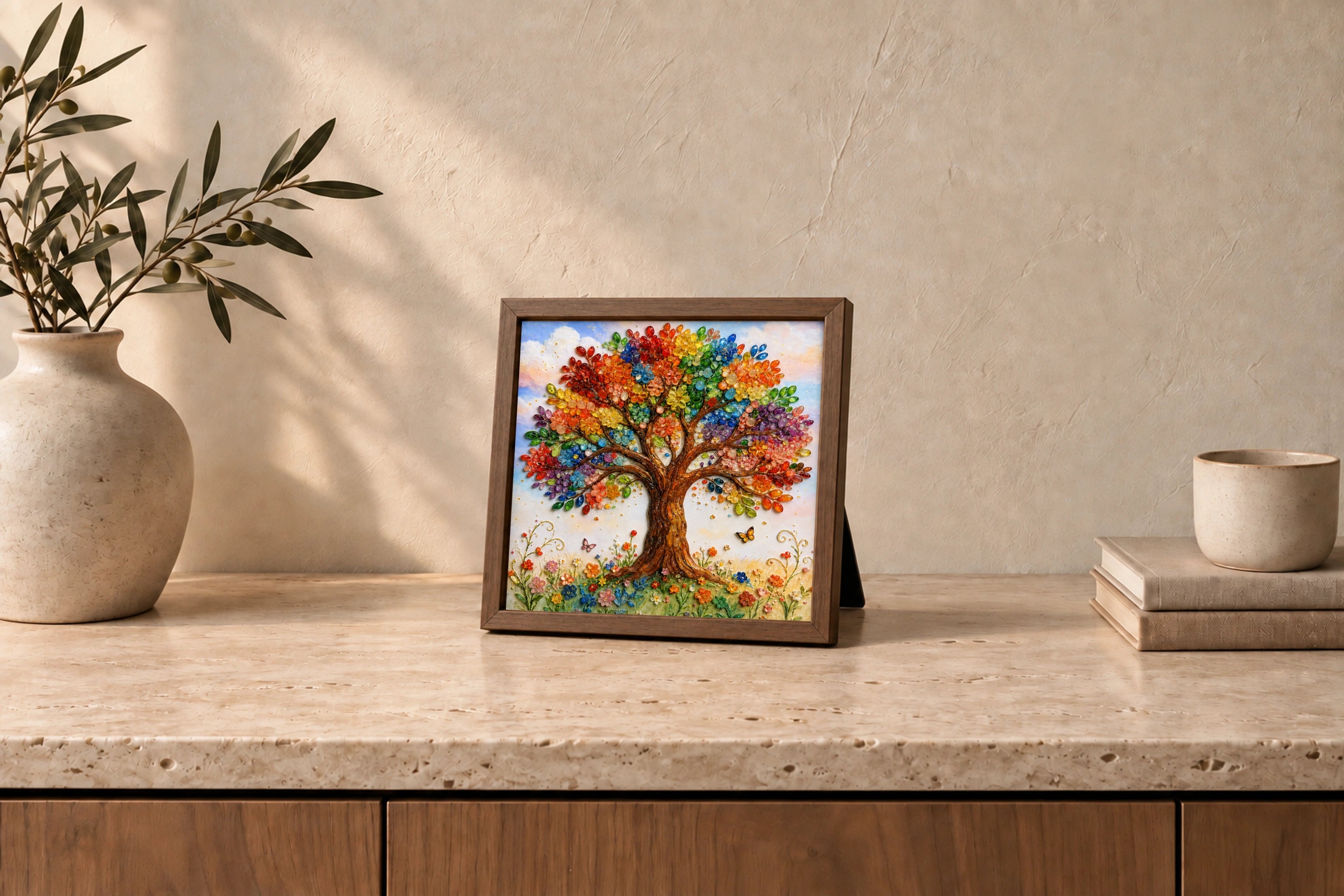 Tree of Life shown to approximate scale in a warm minimalist room