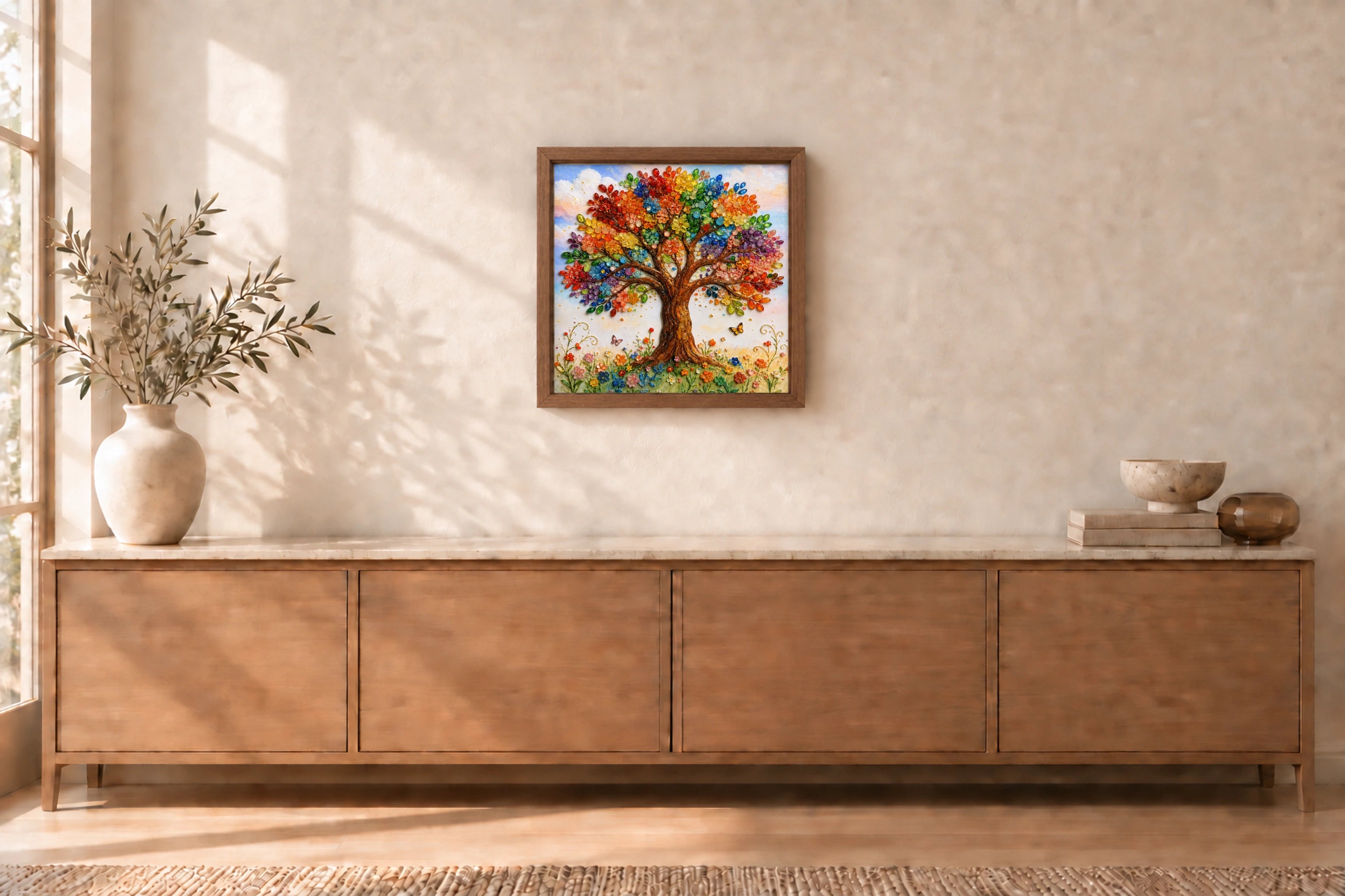 Tree of Life shown to approximate scale in a warm minimalist room
