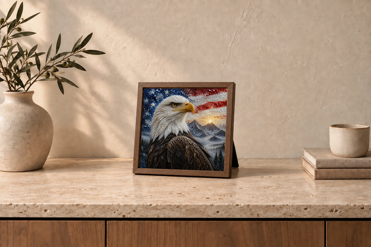 Bald Eagle in Light Walnut, tabletop styling illustration; approximate scale.