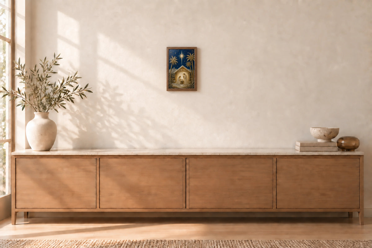 Bethlehem Night in Light Walnut, wall-mounted styling illustration; approximate scale.