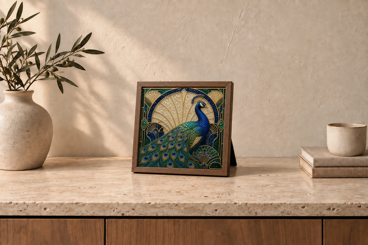 Blue & Gold Peacock in Light Walnut, tabletop styling illustration; approximate scale.