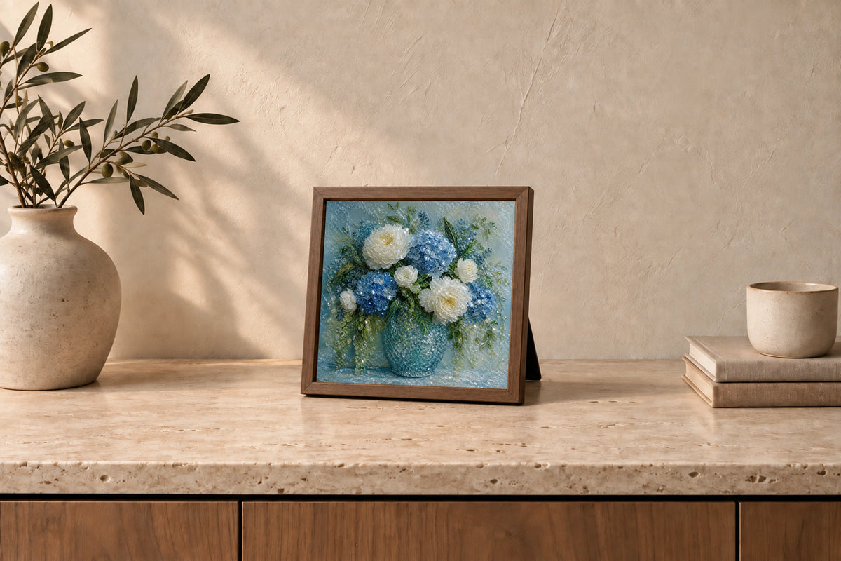 Blue Hydrangea & White Peonies in Light Walnut, tabletop styling illustration; approximate scale.