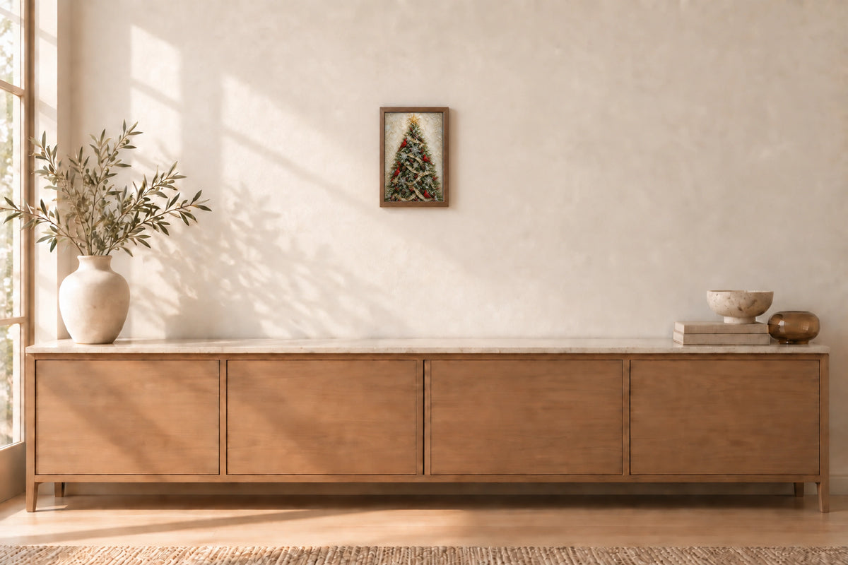 Cardinals & Christmas Tree in Light Walnut, wall-mounted styling illustration; approximate scale.