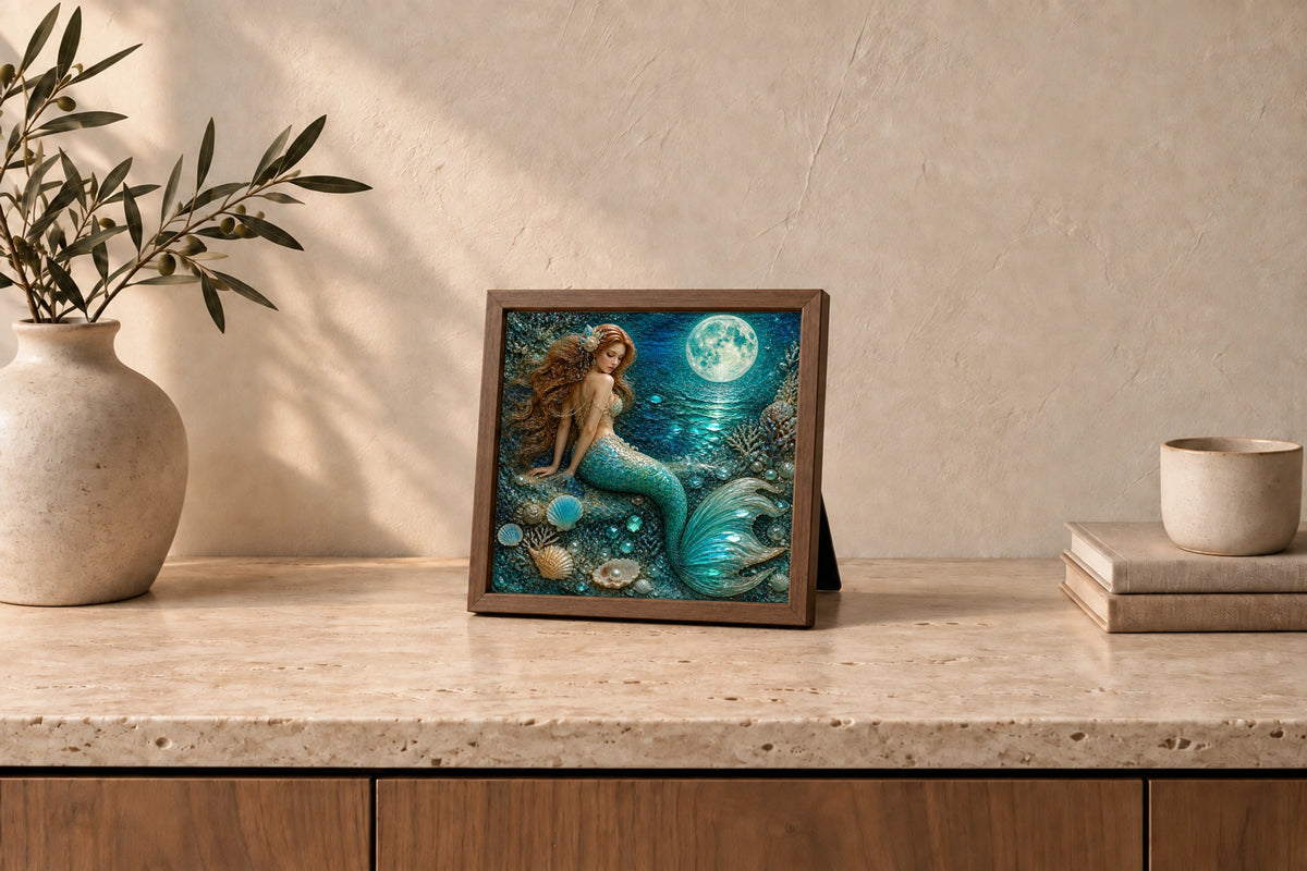 Moonlit Mermaid in Light Walnut, tabletop styling illustration; approximate scale.