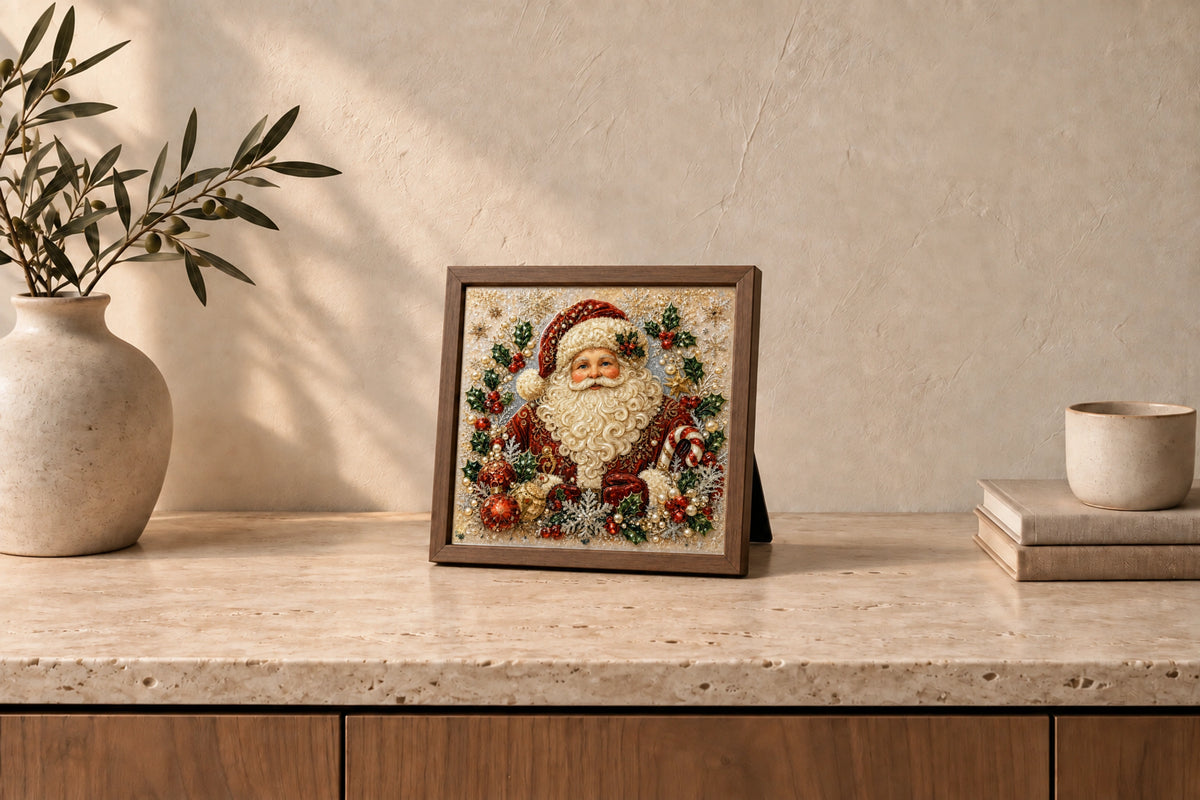 Santa Claus in Light Walnut, tabletop styling illustration; approximate scale.
