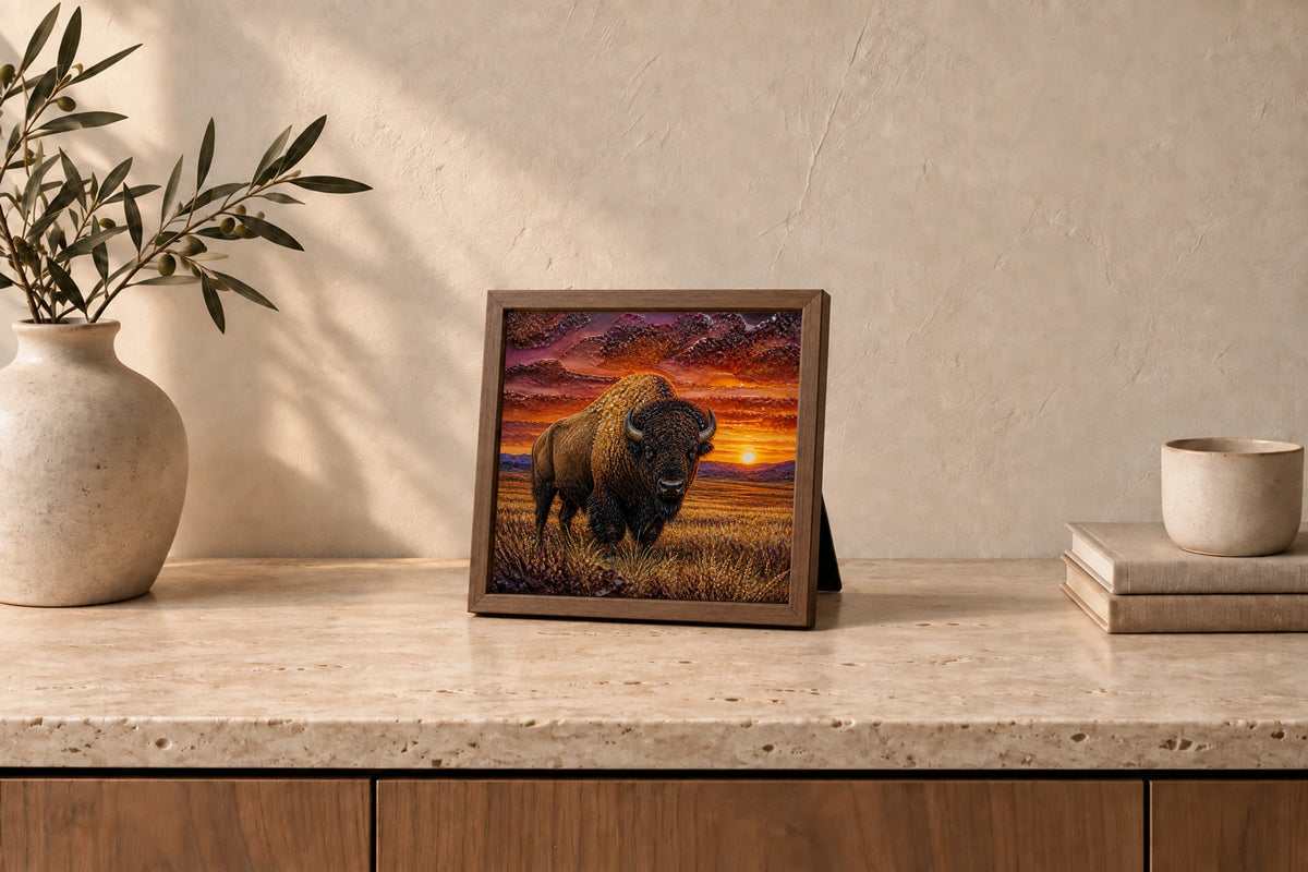 Sunset Bison in Light Walnut, tabletop styling illustration; approximate scale.