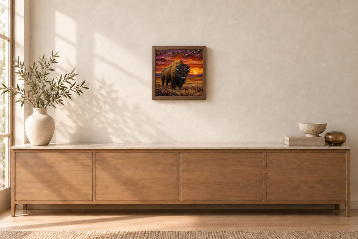 Sunset Bison in Light Walnut, wall-mounted styling illustration; approximate scale.