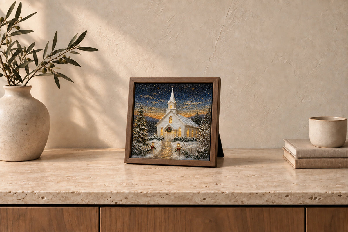 Winter Chapel in Light Walnut, tabletop styling illustration; approximate scale.