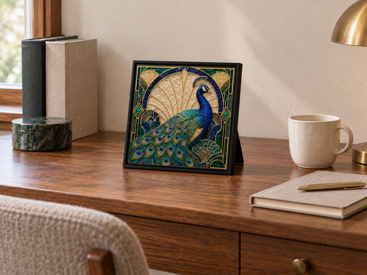 Blue and Gold Peacock in a black frame with rear support on a walnut desk, beside a notebook and ceramic cup