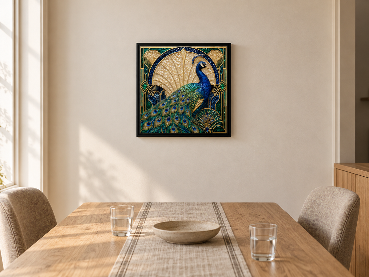 Blue and Gold Peacock in a black square frame mounted above an oak dining table and upholstered chairs