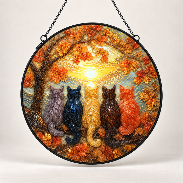 Front view of Autumn Five Cats round hanging art
