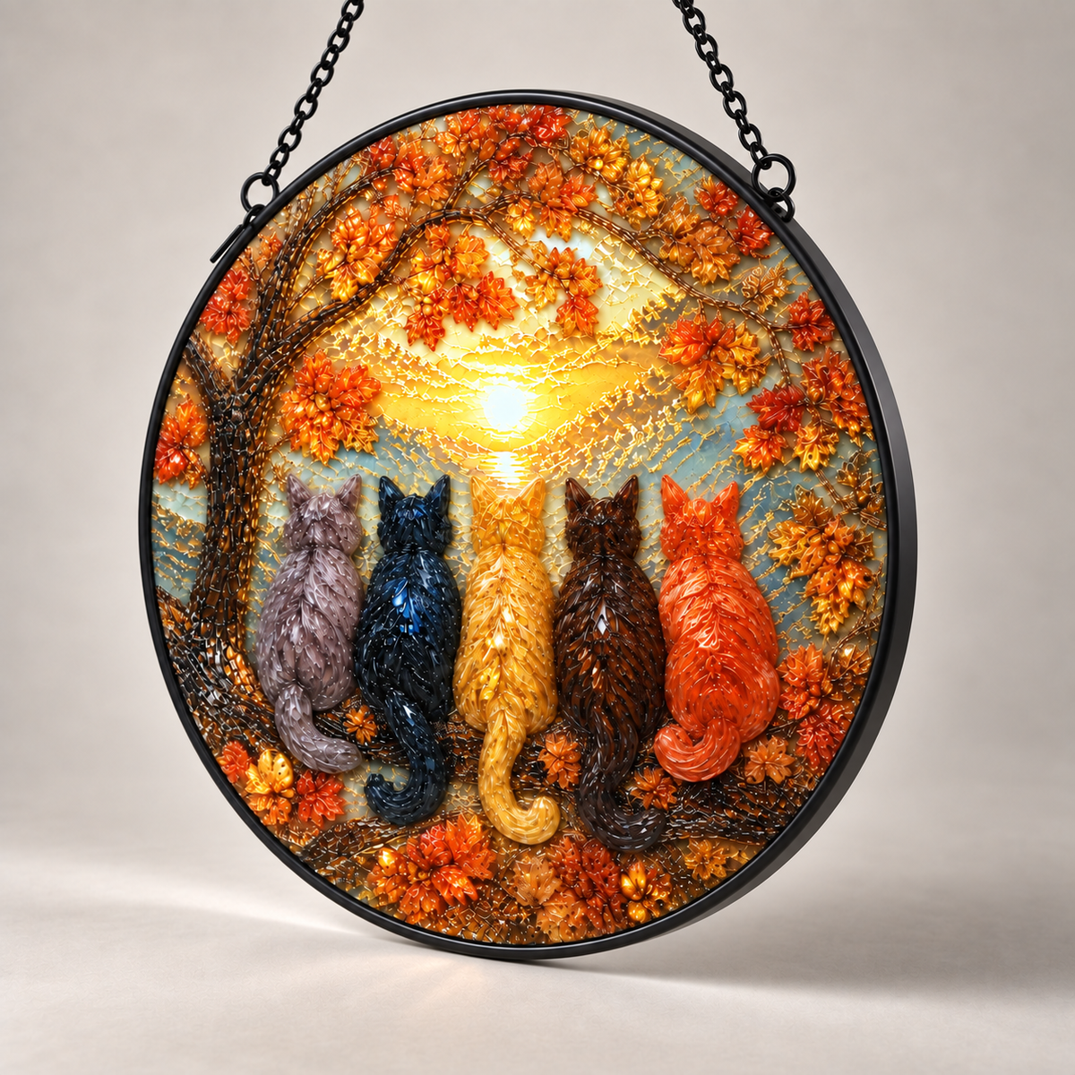 Angled view of Autumn Five Cats round hanging art