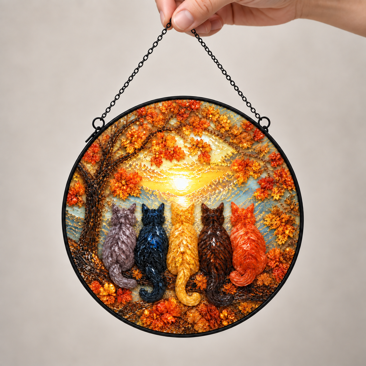 Handheld size view of Autumn Five Cats round hanging art