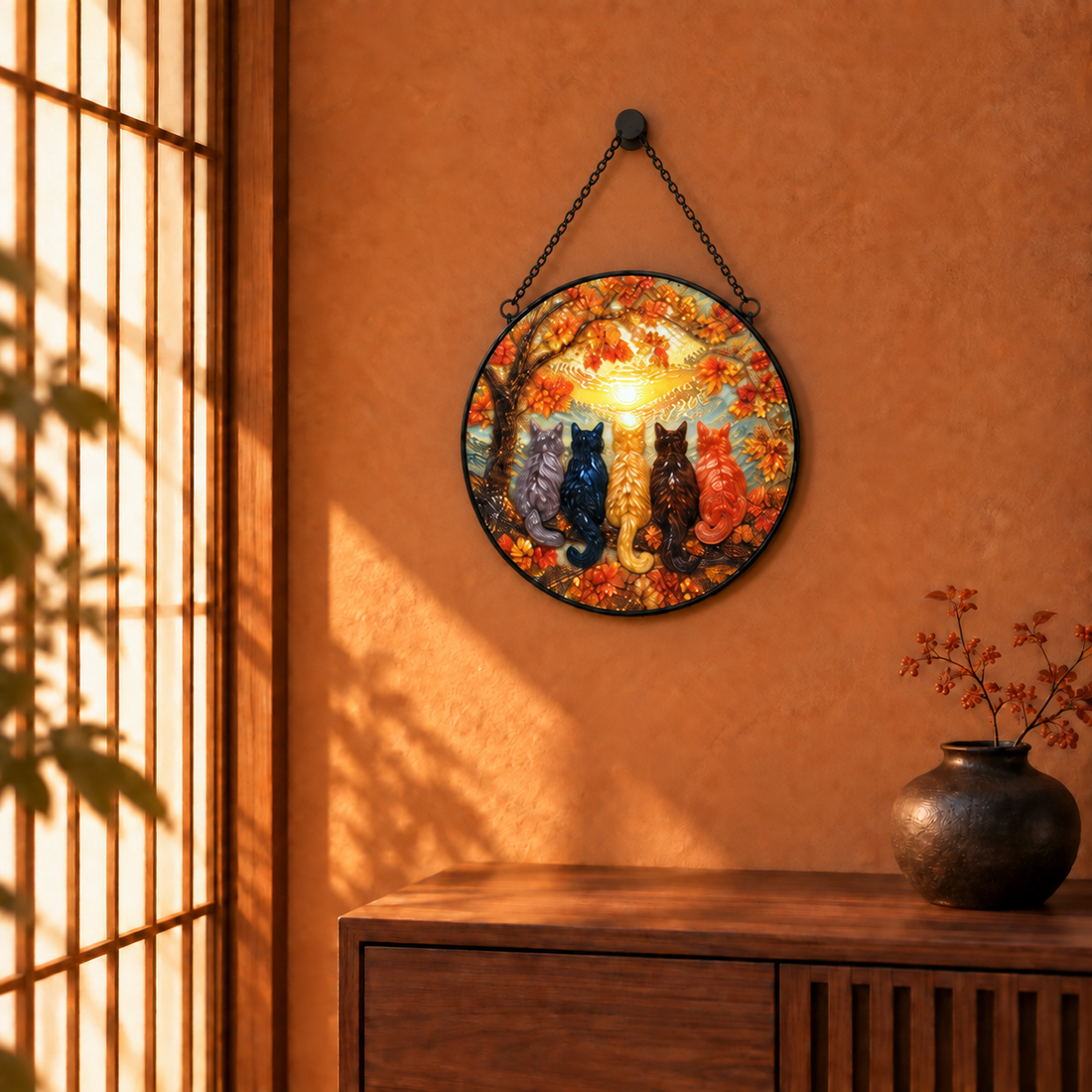 Indoor window display of Autumn Five Cats round hanging art