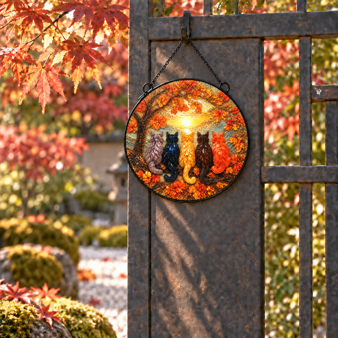 Garden display of Autumn Five Cats round hanging art