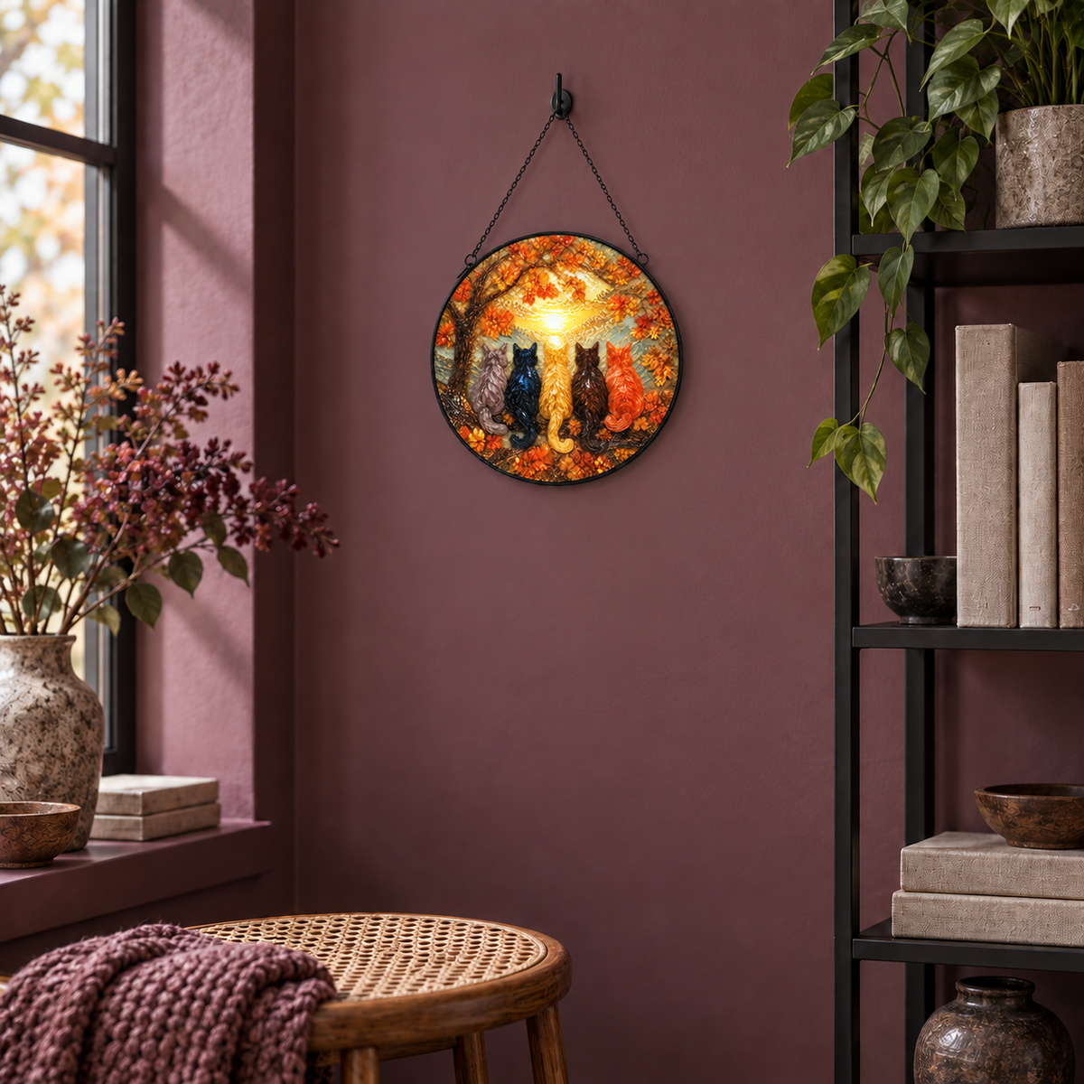 Indoor landing display of Autumn Five Cats round hanging art