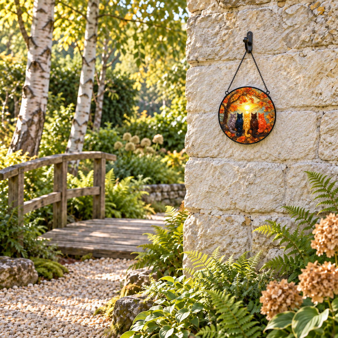 Wide outdoor display of Autumn Five Cats round hanging art