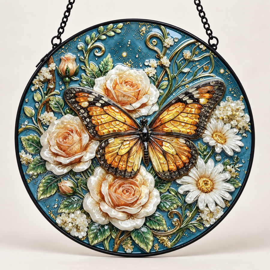 Front view of Butterfly & Cream Roses round hanging art