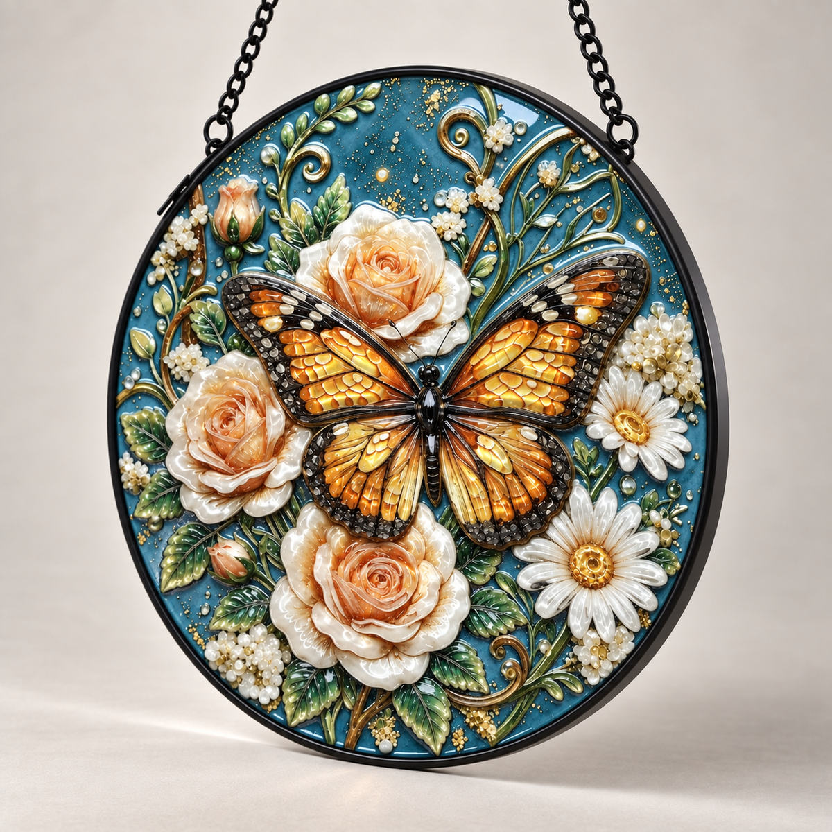 Angled view of Butterfly & Cream Roses round hanging art