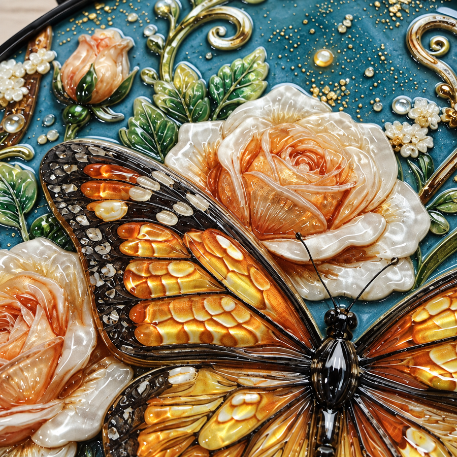 UV relief macro detail of Butterfly & Cream Roses round hanging art