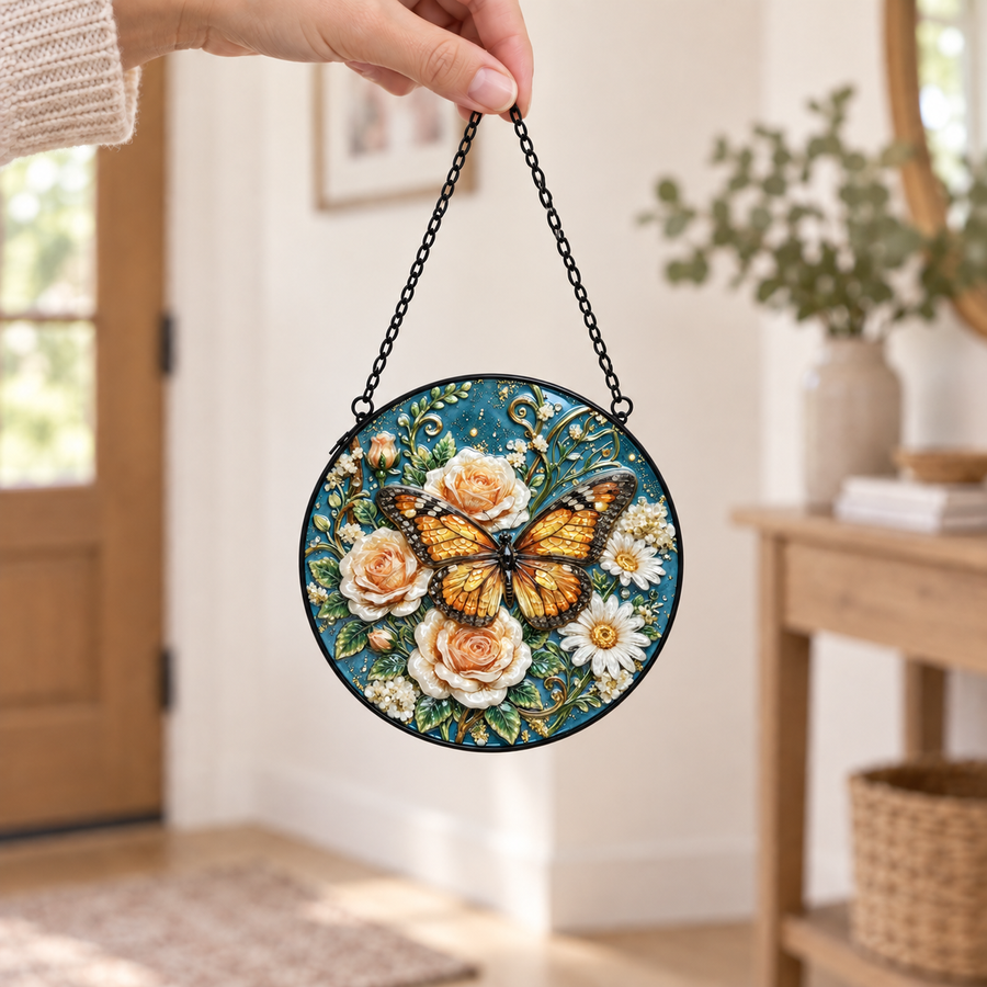 Handheld size view of Butterfly & Cream Roses round hanging art