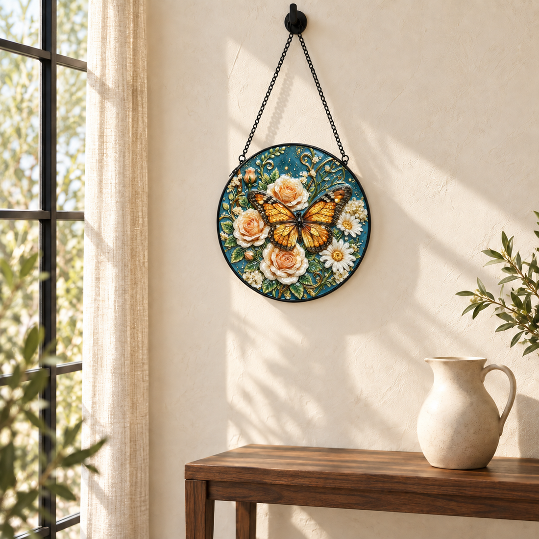 Indoor window display of Butterfly & Cream Roses round hanging art