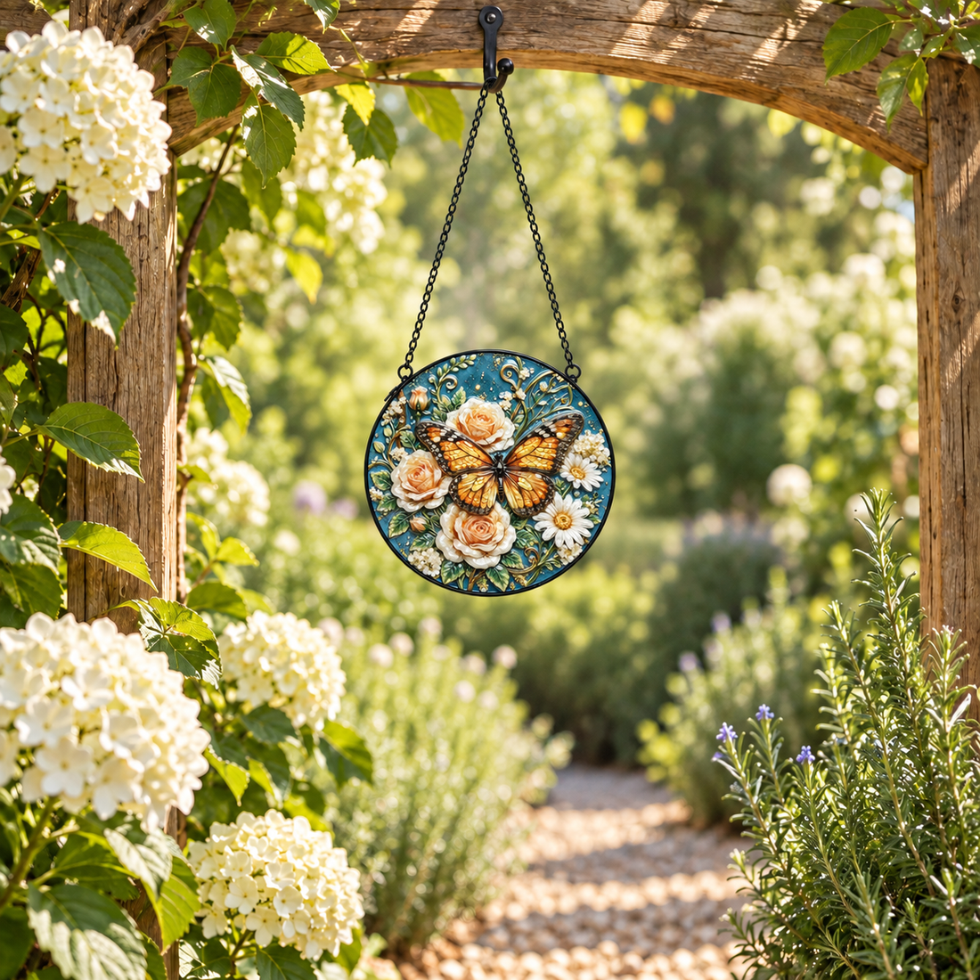 Garden display of Butterfly & Cream Roses round hanging art