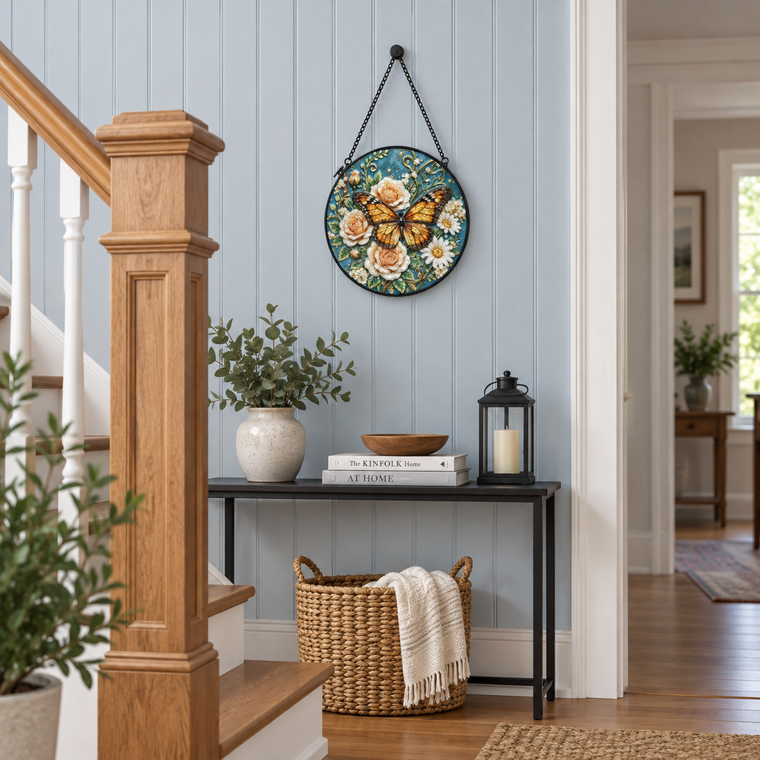 Indoor landing display of Butterfly & Cream Roses round hanging art