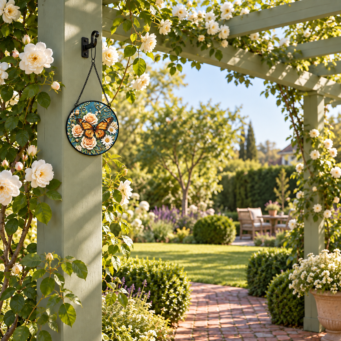 Wide outdoor display of Butterfly & Cream Roses round hanging art