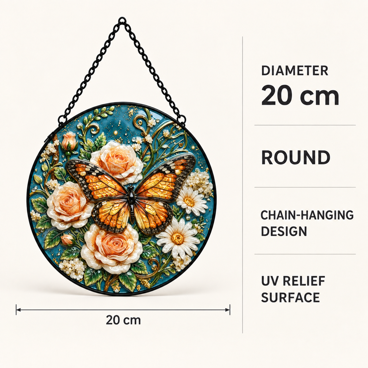 20 cm specifications of Butterfly & Cream Roses round hanging art