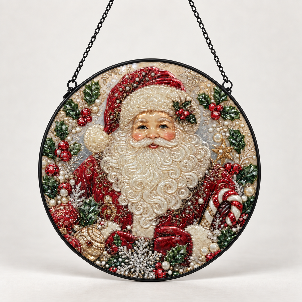 Front view of Classic Santa Holly round hanging art