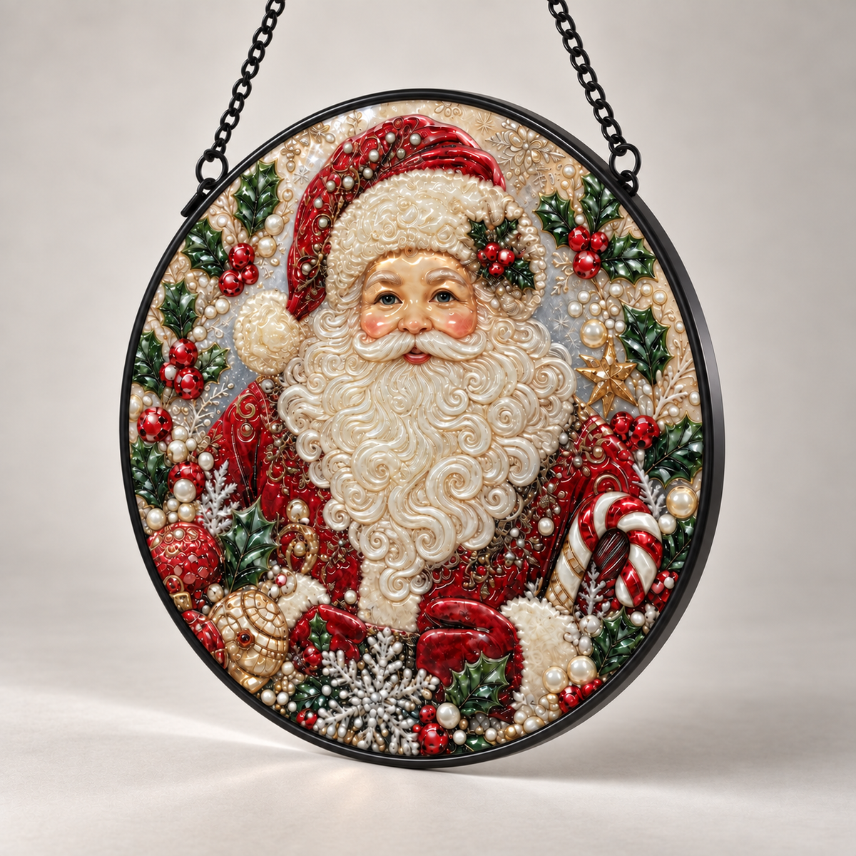 Angled view of Classic Santa Holly round hanging art