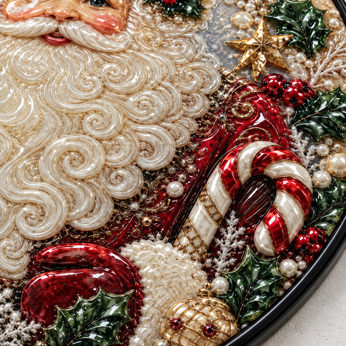 UV relief macro detail of Classic Santa Holly round hanging art