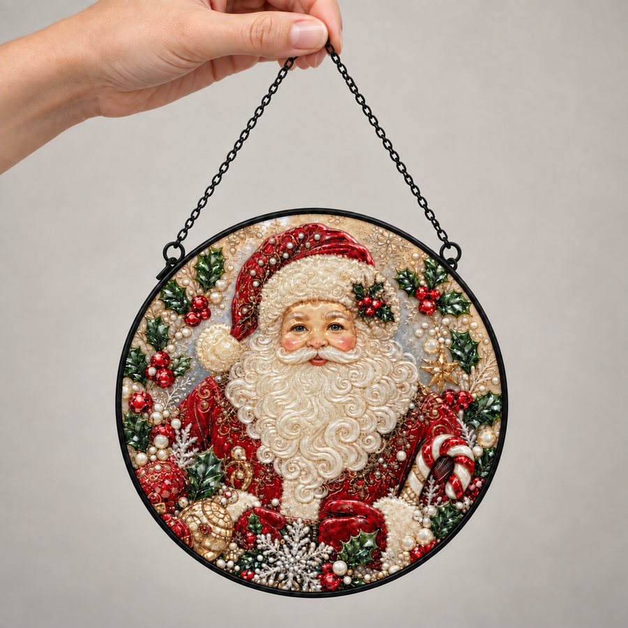 Handheld size view of Classic Santa Holly round hanging art