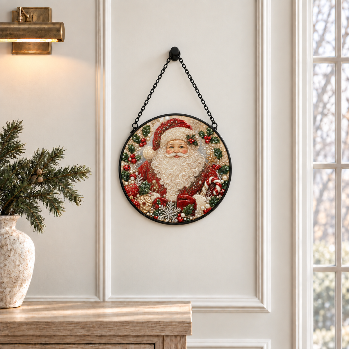 Indoor window display of Classic Santa Holly round hanging art