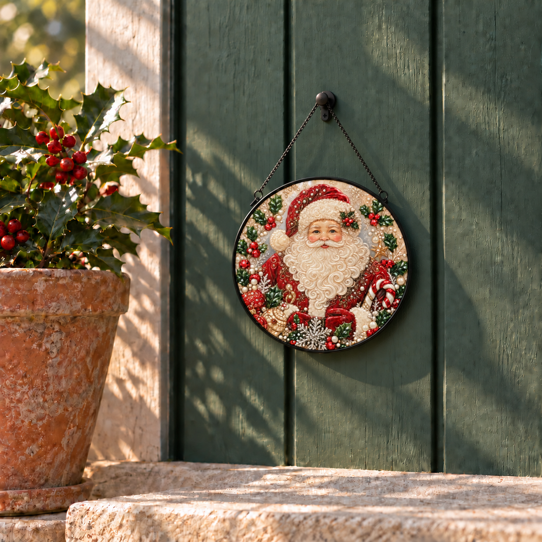 Garden display of Classic Santa Holly round hanging art