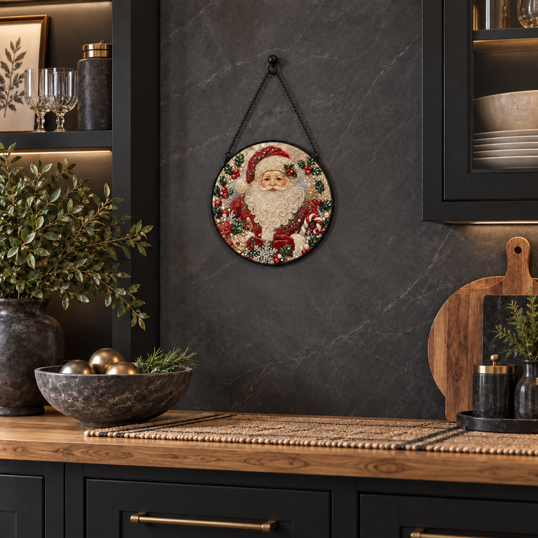 Indoor landing display of Classic Santa Holly round hanging art