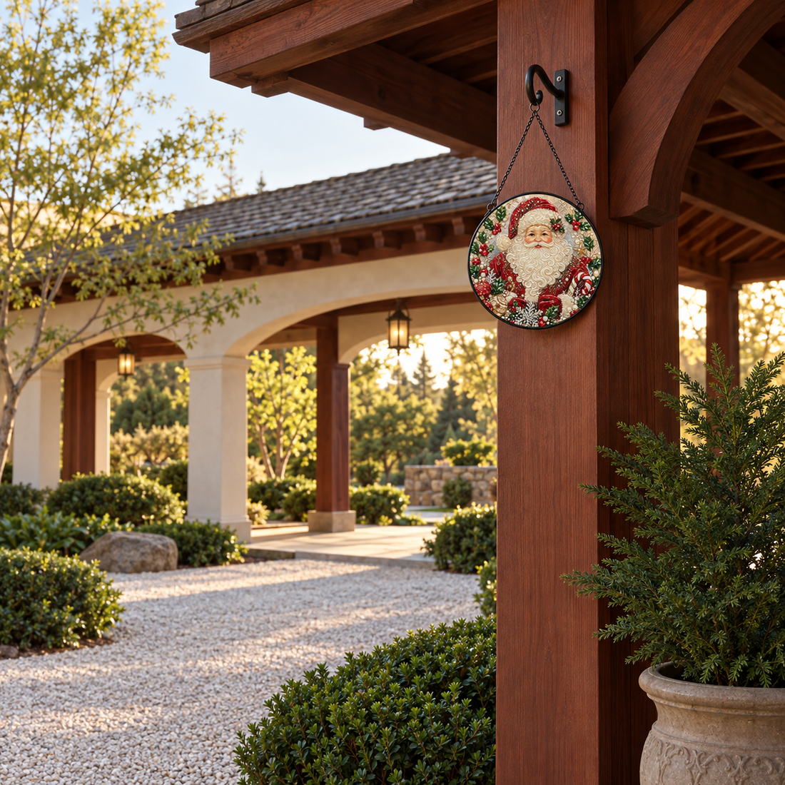 Wide outdoor display of Classic Santa Holly round hanging art