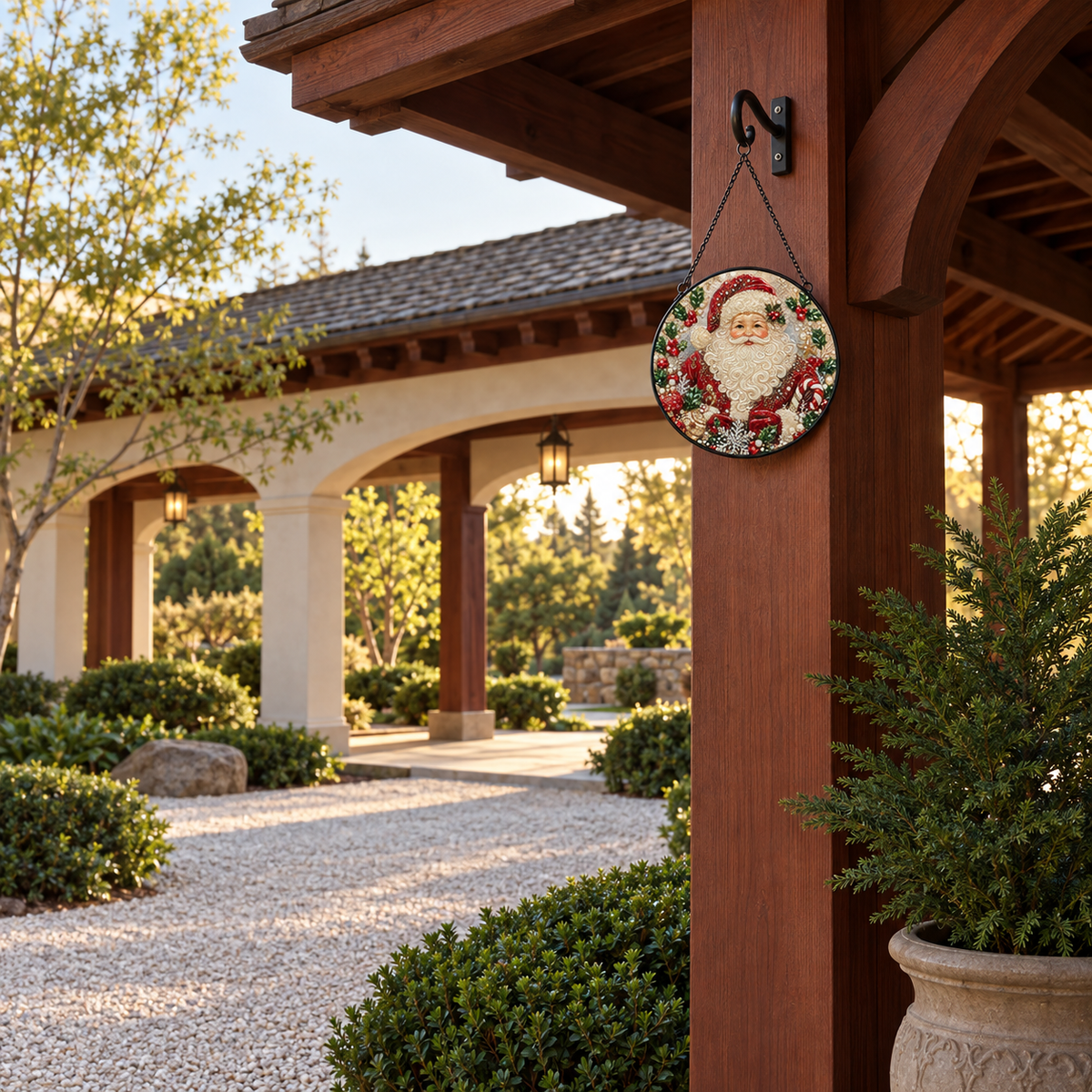 Wide outdoor display of Classic Santa Holly round hanging art